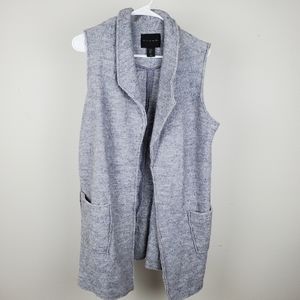 Tahari Gray Open Front Long Wool Blend Vest Pockets Womens Sz Medium Raw Edges